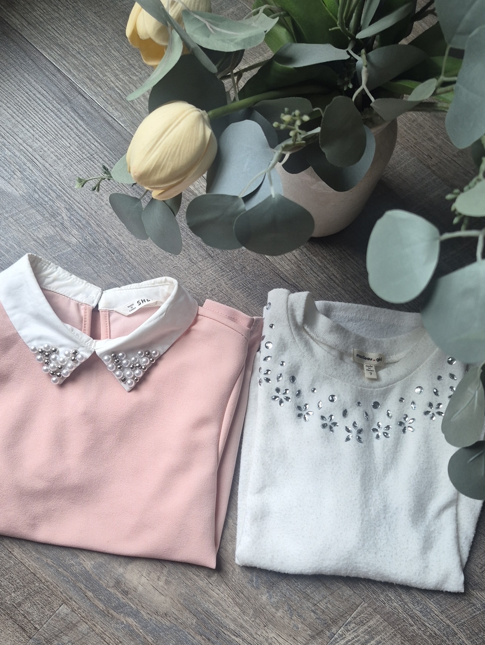 Girls Pink Pearl-Collar Top & White Embellished Tee - Set